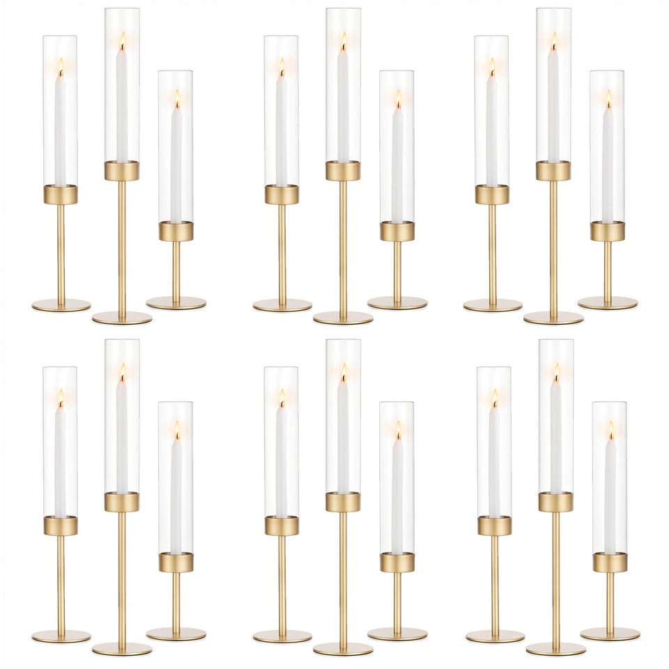 Romadedi gold glass hurricane candlestick holders for elegant wedding centerpieces.