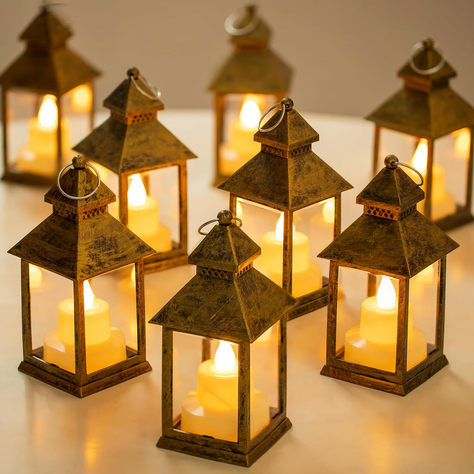 Romadedi mini lanterns gold hanging setup with warm flicker for romantic table decor.