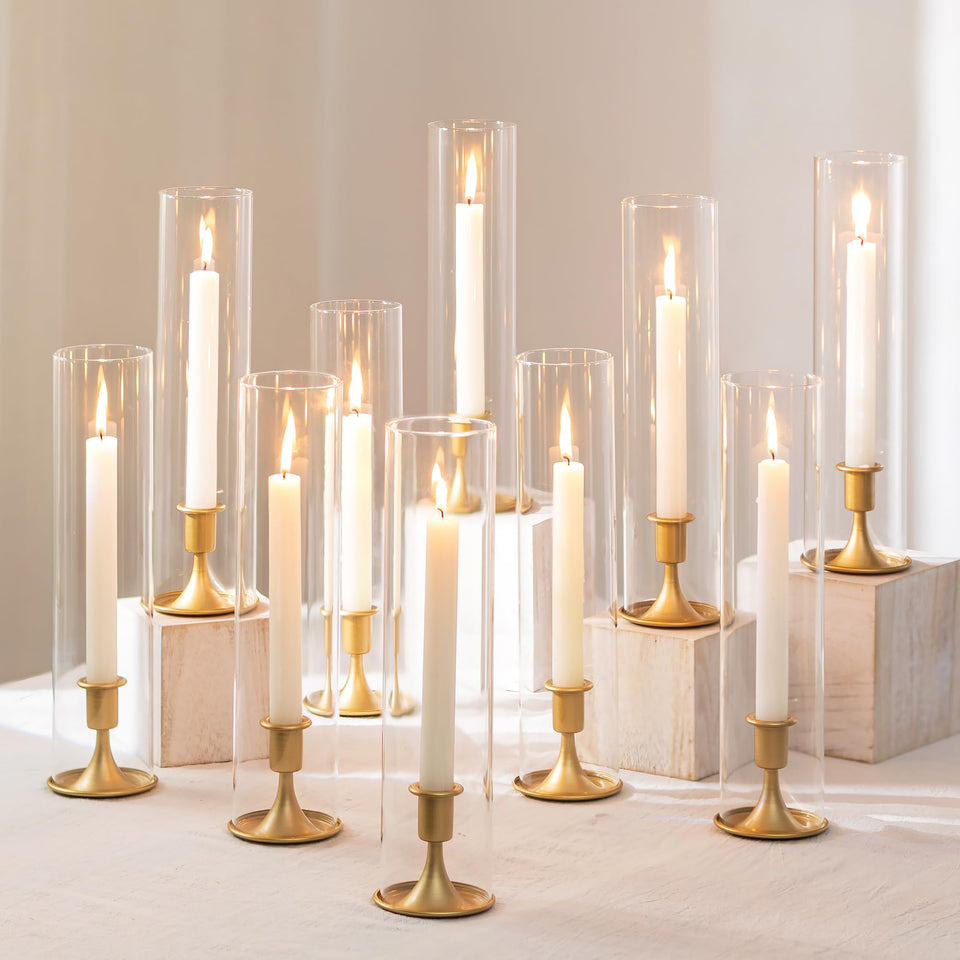 Romadedi gold hurricane candle holders in a 10-piece set for elegant centerpieces
