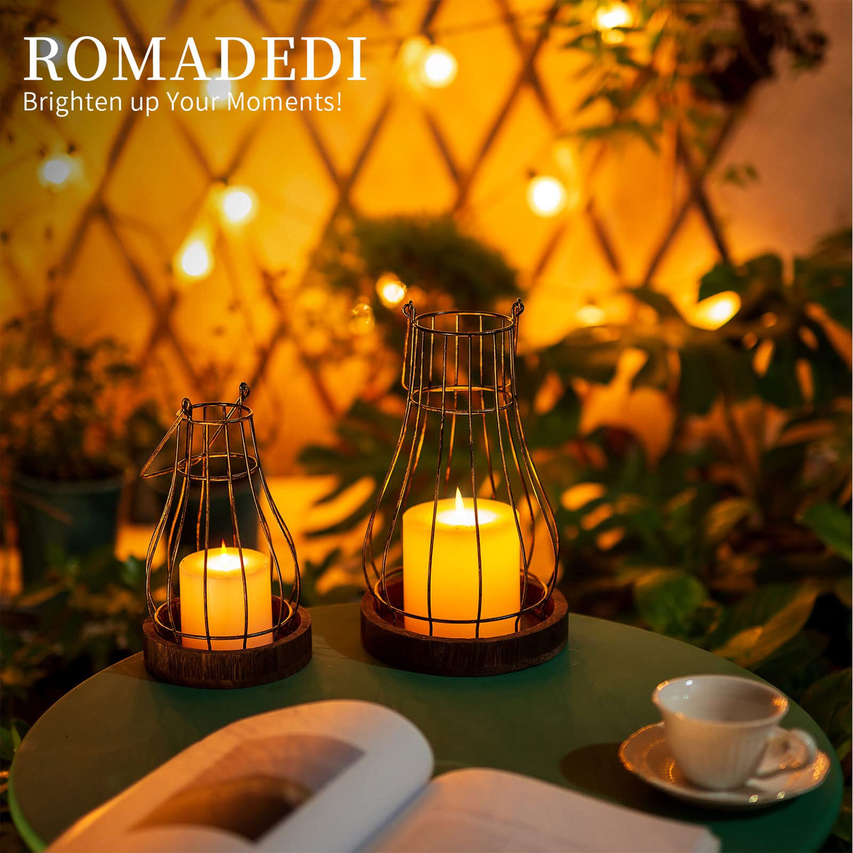 Romadedi metal wire cloche encases candles or decor.