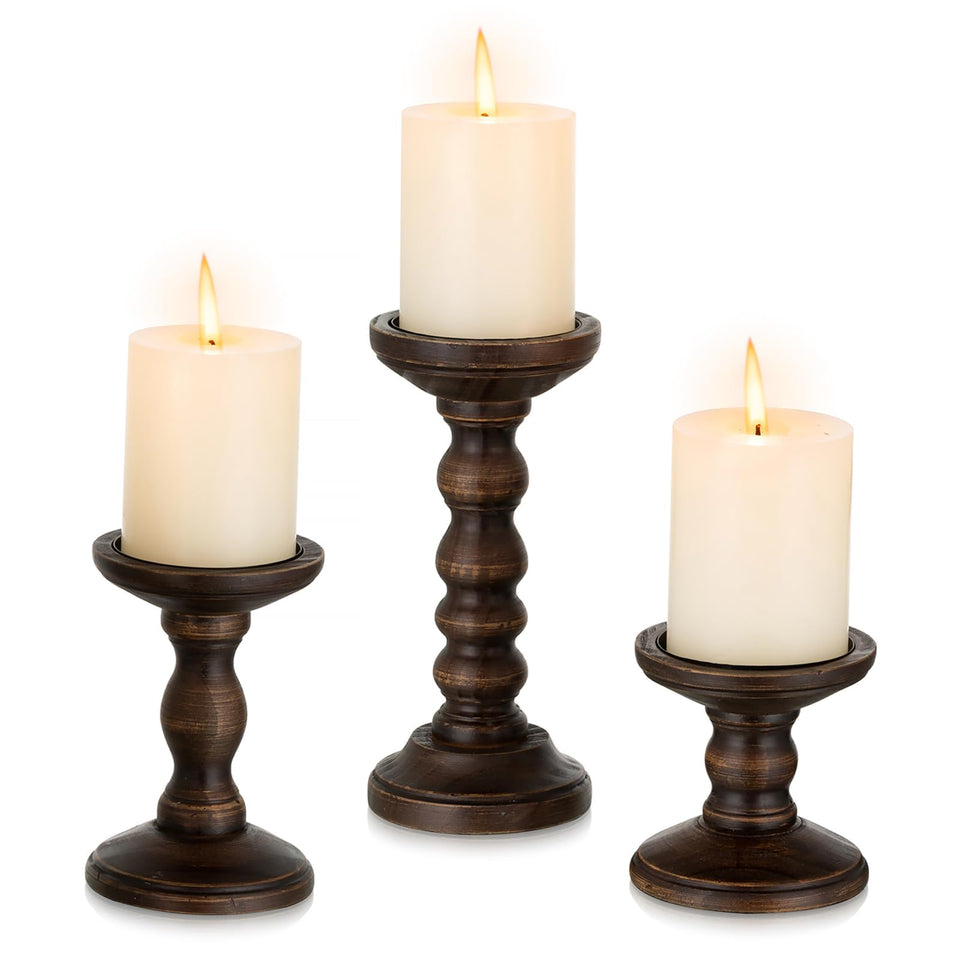 Romadedi pillar candle holders set of 3 tall dark brown on mantel for elegant display.
