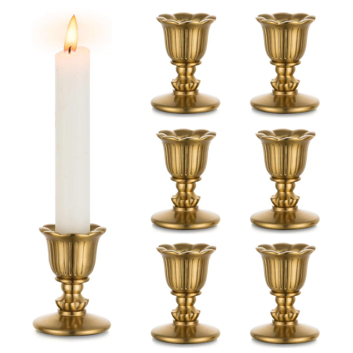 Romadedi vintage brass candlestick holders arranged as a table centerpiece highlighting warm glow