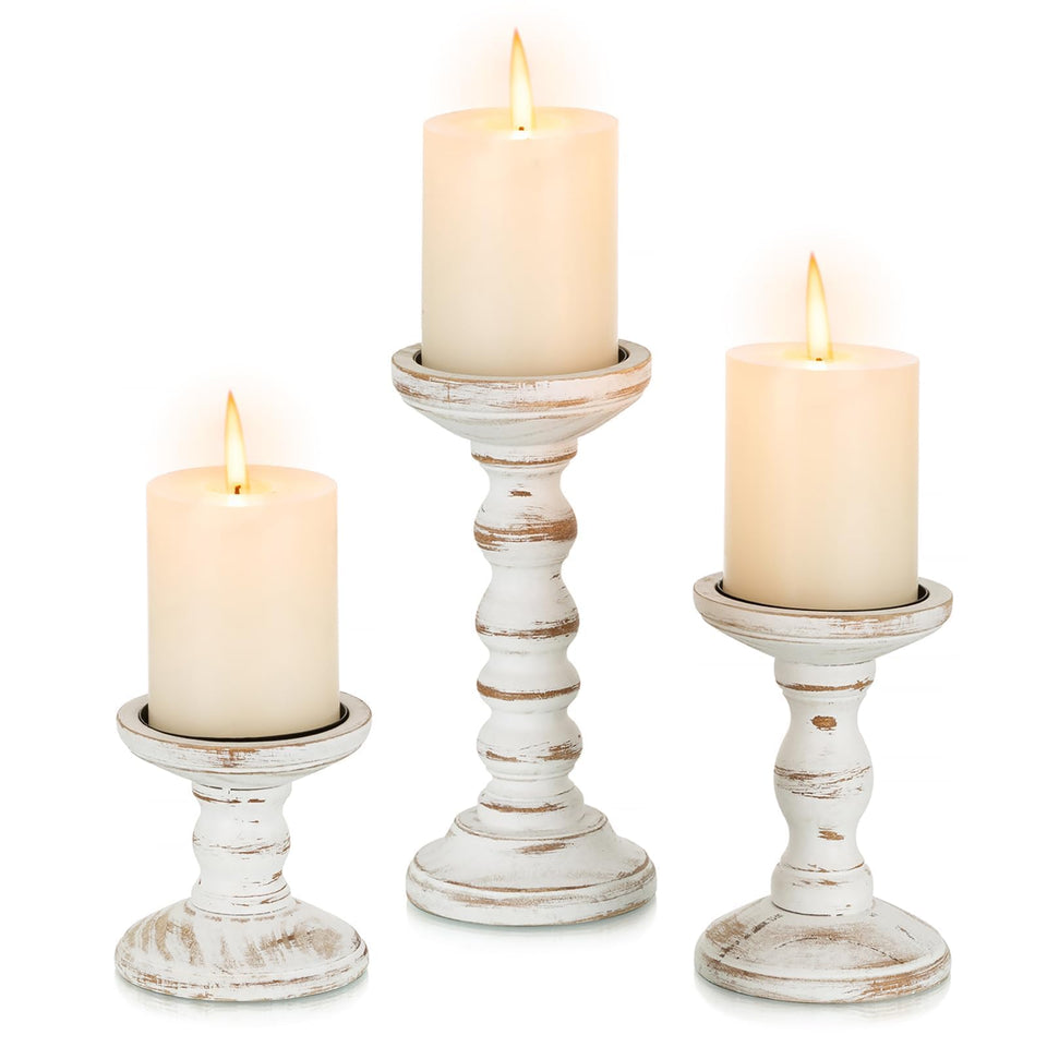 Romadedi wood candle holders set of 3 front view for elegant mantel decoration