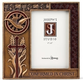 Roman 7.5 resin bronze finish confirmation frame showing a 4x6 photo, durable display for keepsakes.