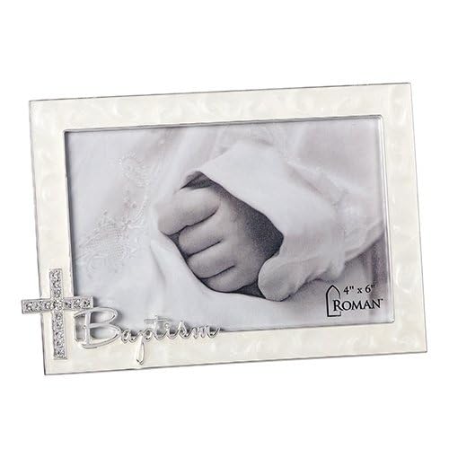 Roman Baptism Script cross swirl ivory zinc photo frame ideal for keepsakes on desk