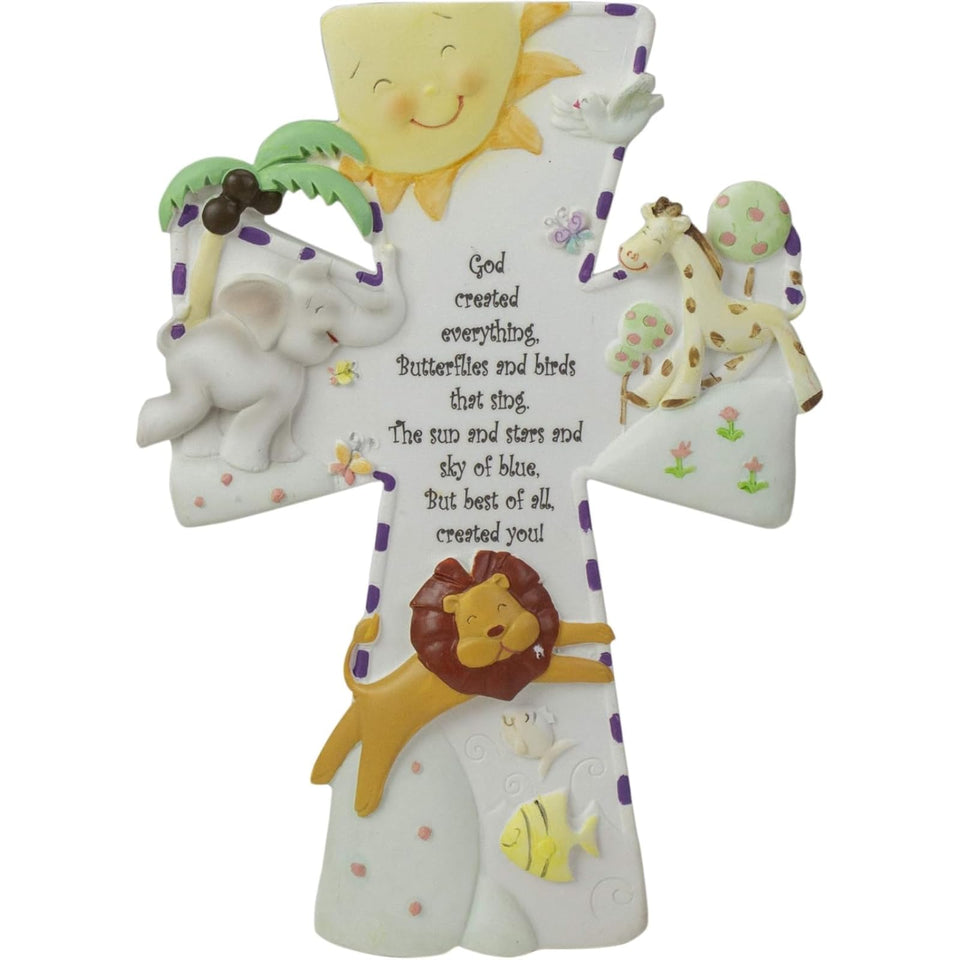 Roman God Created Everything wall cross in resin stone finish, ideal nursery decor.