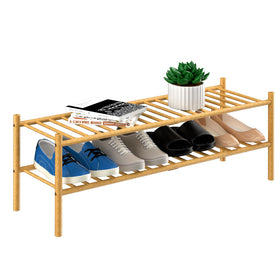 ROMGUAR CRAFT 2-Tier Bamboo Long Shoe Rack in natural finish for space-saving entryway storage.