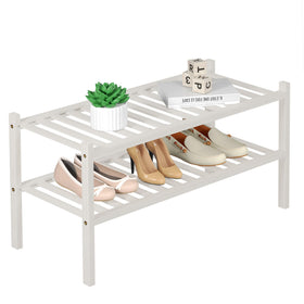 ROMGUAR CRAFT 2-tier bamboo shoe rack free-standing white, space saving for shoes.