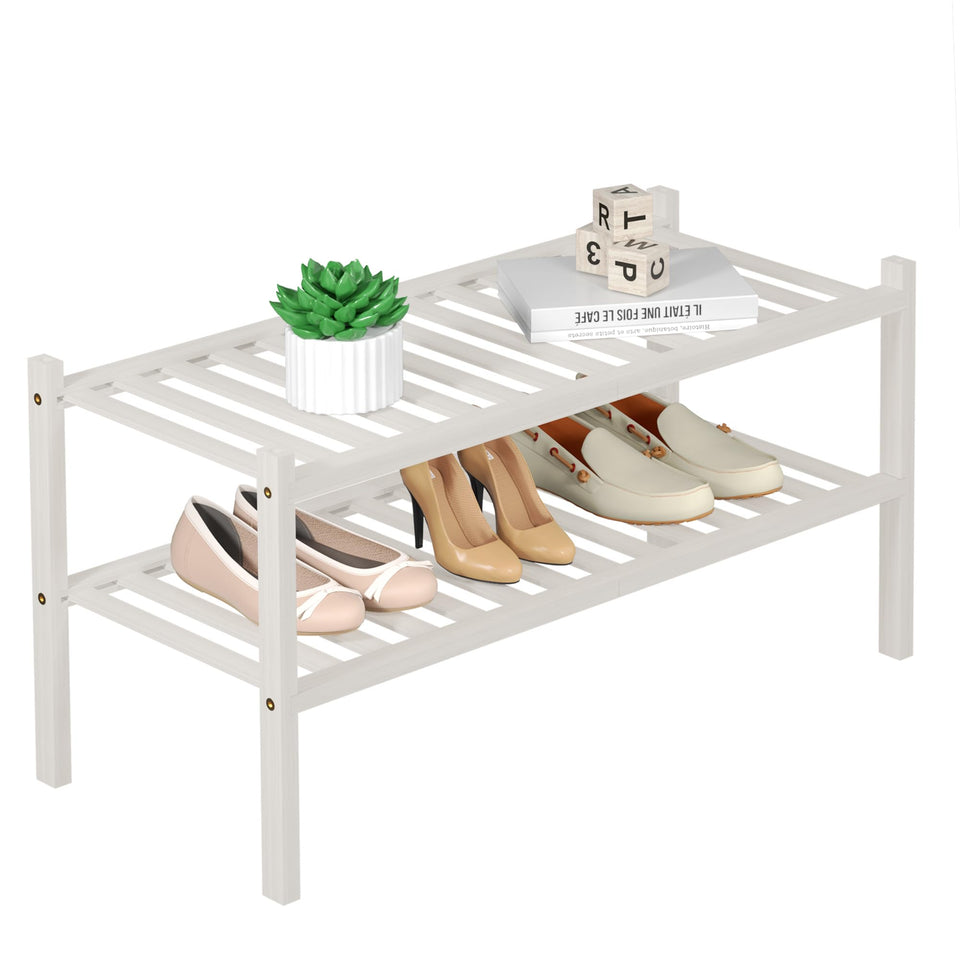 ROMGUAR CRAFT 2-tier bamboo shoe rack free-standing white, space saving for shoes.