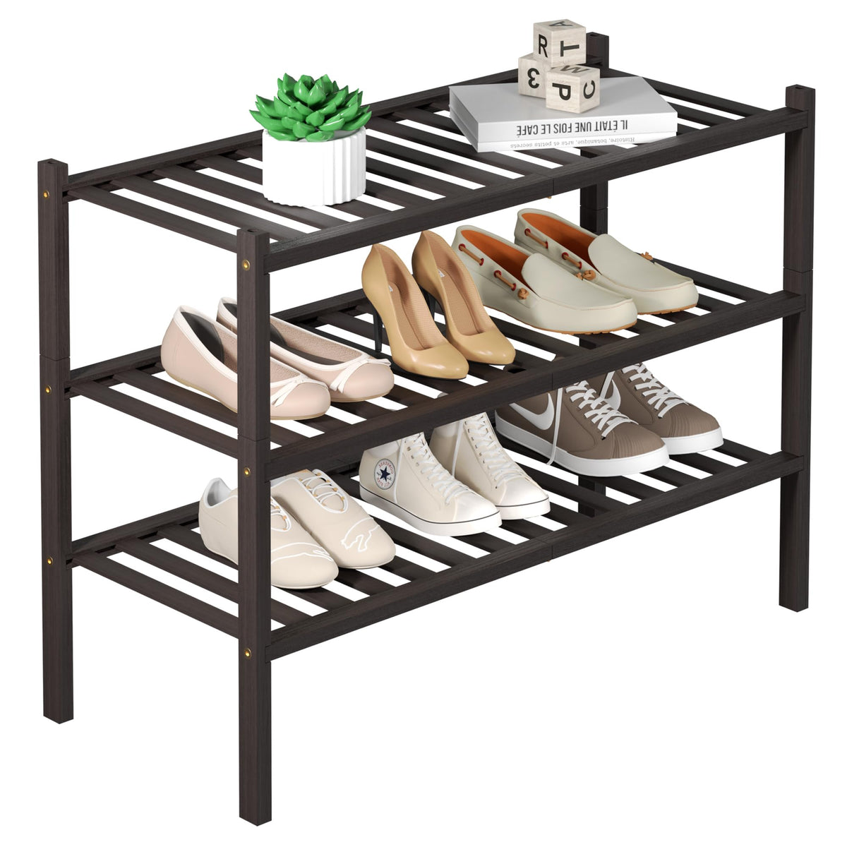 ROMGUAR CRAFT 3-tier bamboo shoe rack in entryway keeps shoes organized.