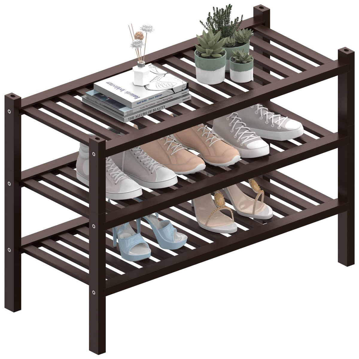 ROMGUAR CRAFT 3 Tier Bamboo Shoe Rack demonstrates space-saving entryway storage.
