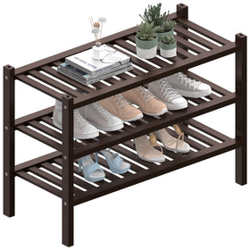 ROMGUAR CRAFT 3 Tier Bamboo Shoe Rack demonstrates space-saving entryway storage.