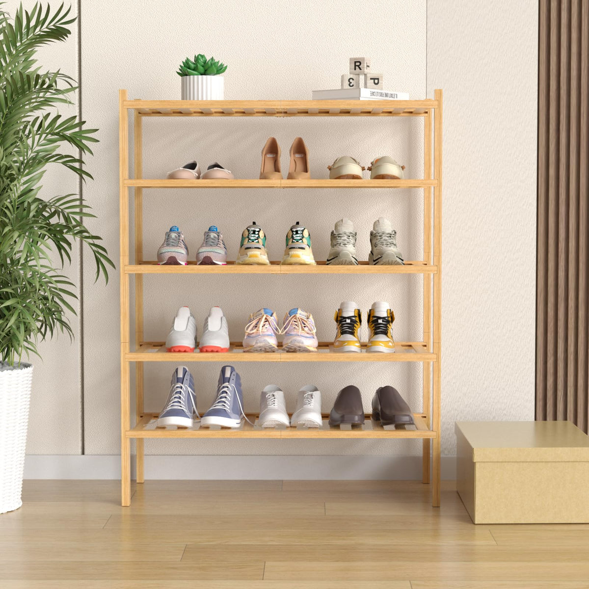 ROMGUAR CRAFT 5-tier bamboo shoe rack, side view, sturdy modular solution
