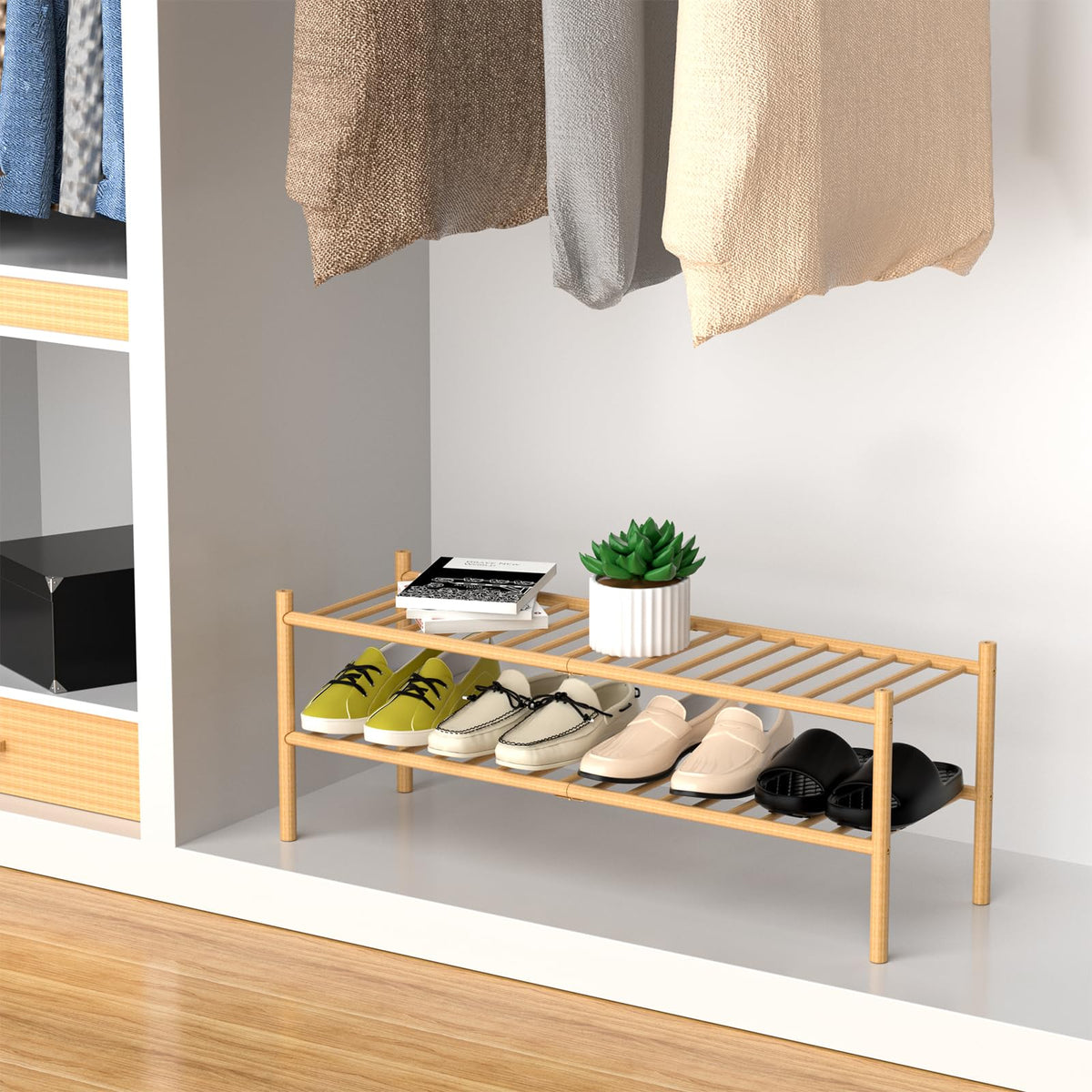 ROMGUAR CRAFT bamboo long shoe rack with easy assembly fits busy homes.