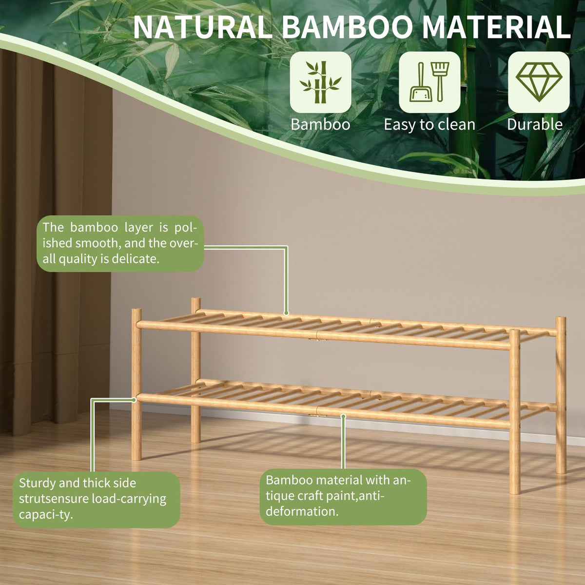 ROMGUAR CRAFT natural bamboo unit offers durable, eco-friendly storage for shoes and decor.