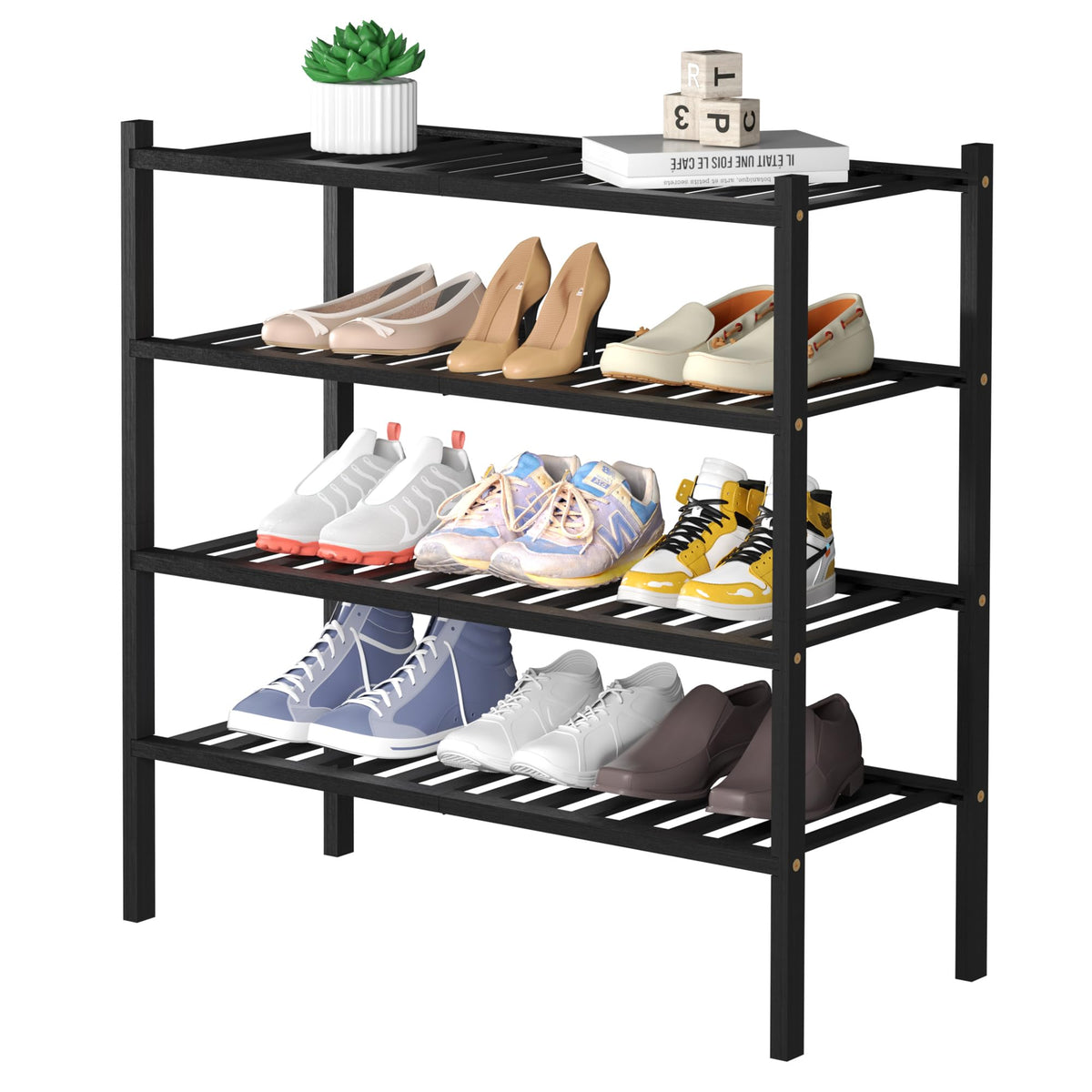ROMGUAR CRAFT bamboo shoe rack assembly view shows easy setup and sturdy build