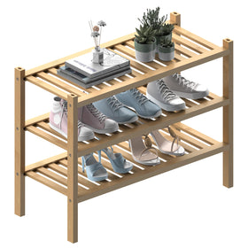 ROMGUAR CRAFT bamboo shoe rack in entryway showing durable natural finish