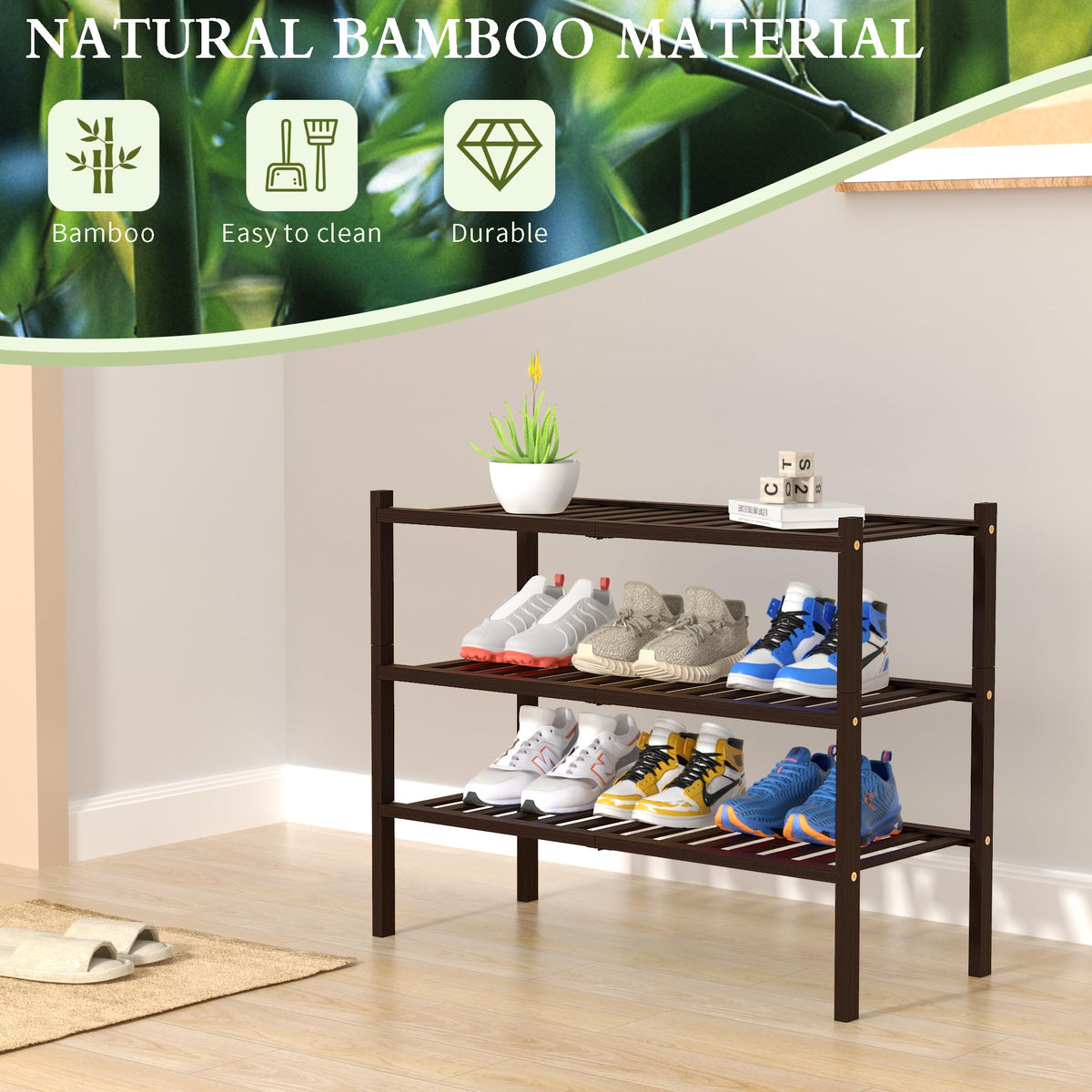Brown bamboo finish adds warm, versatile style to home decor.