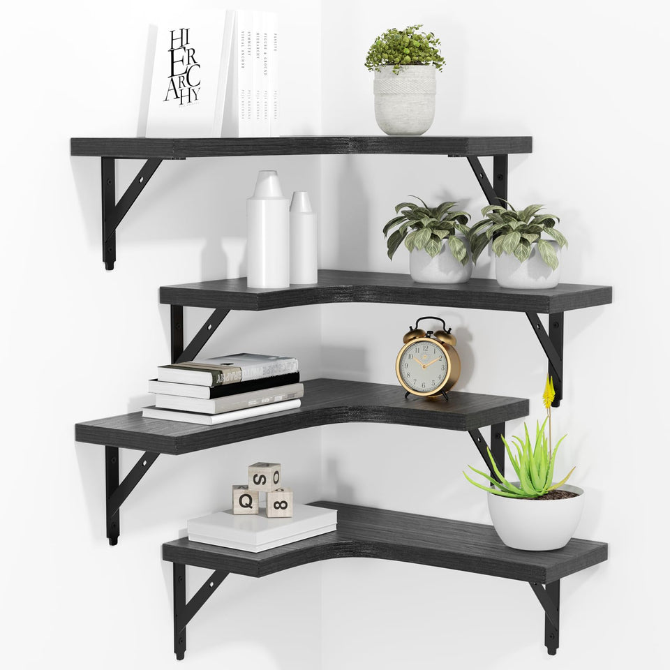 ROMGUAR CRAFT corner floating shelves in black provide compact storage in tight corners.
