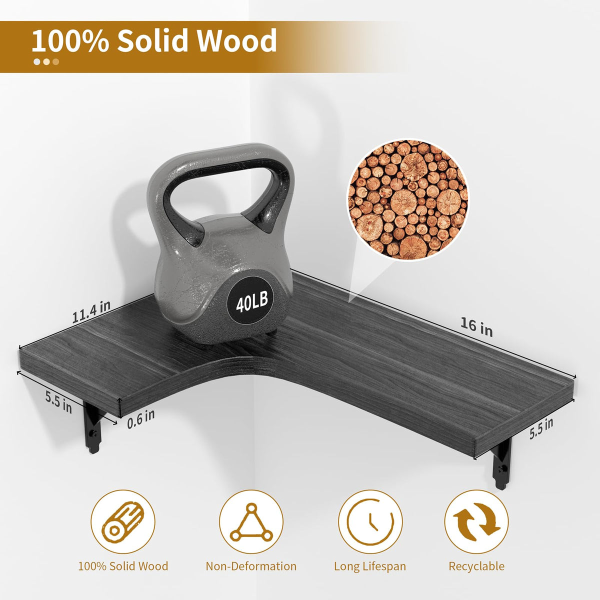 ROMGUAR CRAFT corner floating shelves display rustic wood texture in a living room setup.