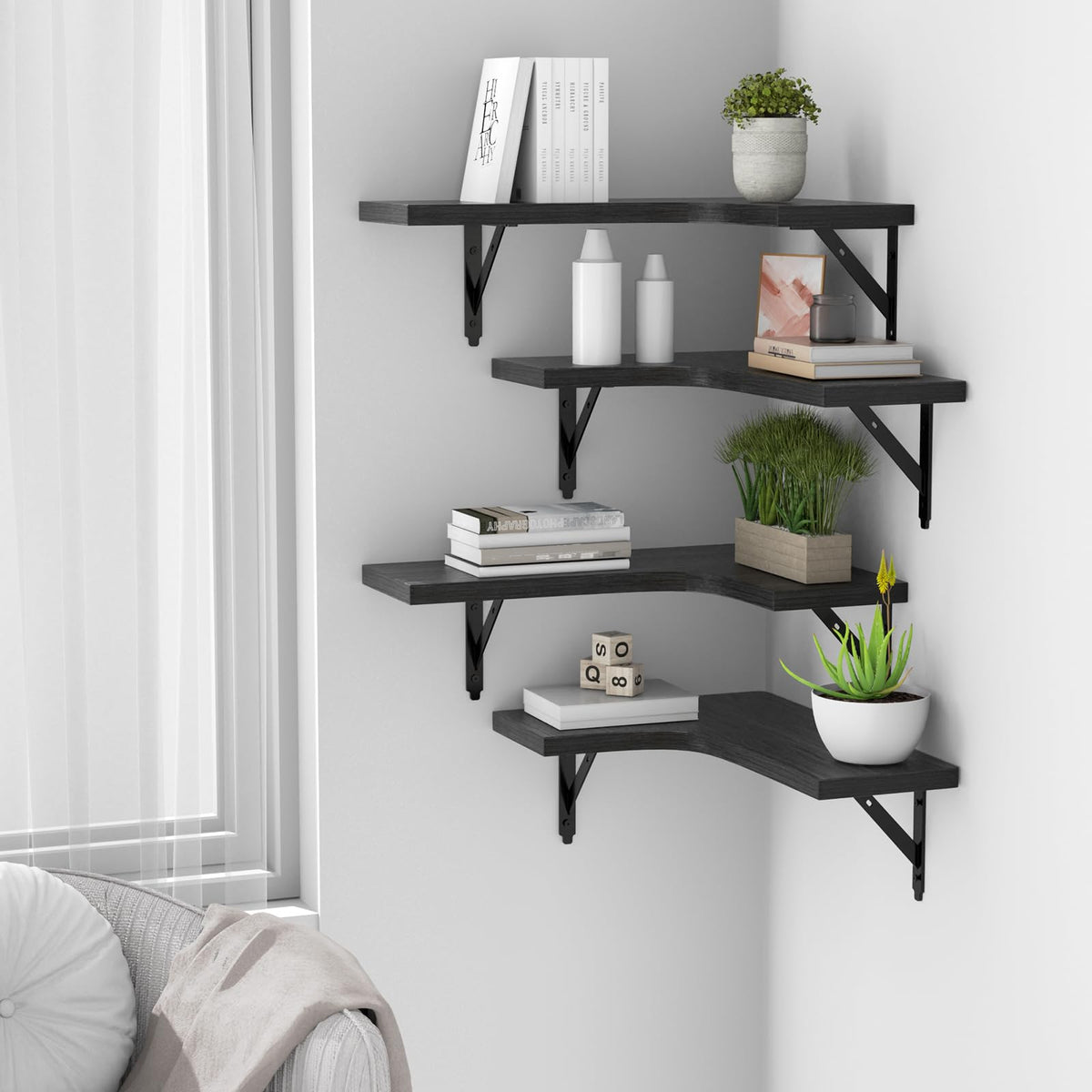 ROMGUAR CRAFT corner shelves fit snugly in a living room corner for extra storage.