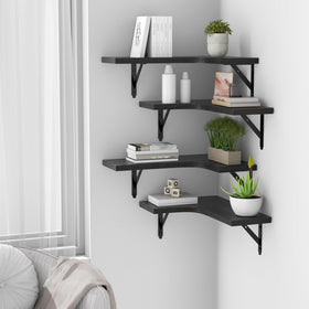 ROMGUAR CRAFT corner shelves fit snugly in a living room corner for extra storage.