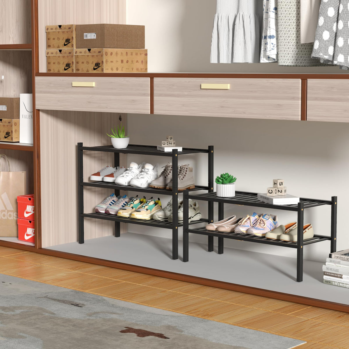 ROMGUAR CRAFT entryway shoe rack in black keeps shoes neatly organized.