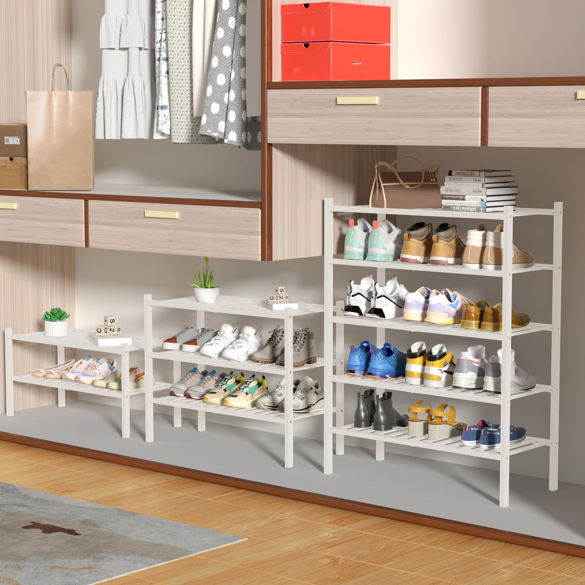 ROMGUAR CRAFT free standing white shoe shelf in a tidy entryway