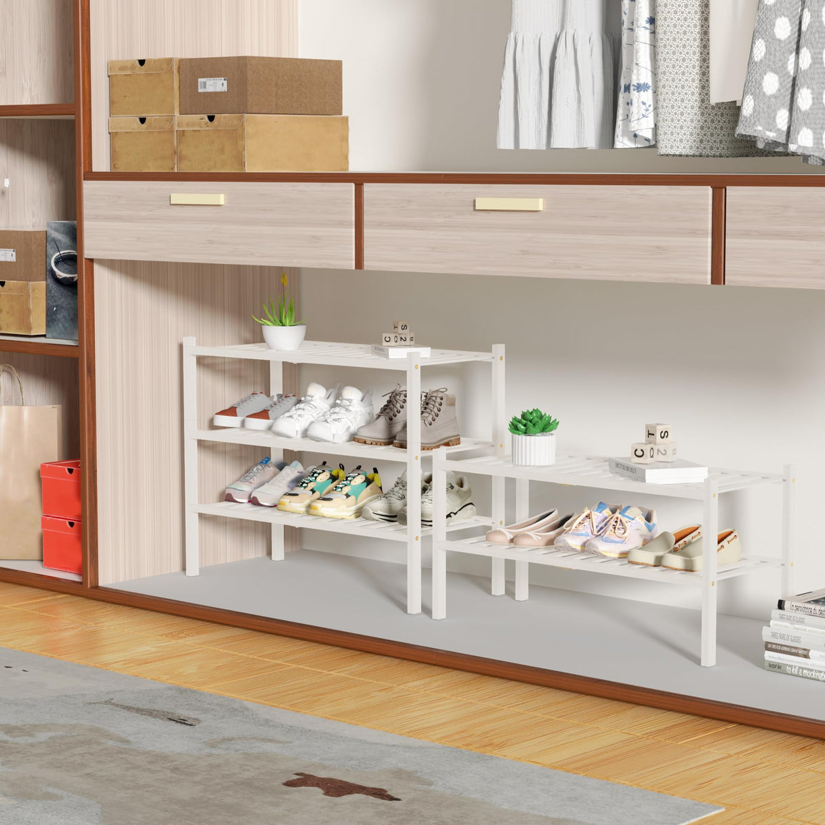 ROMGUAR CRAFT white bamboo shoe shelf, easy assembly in minutes.