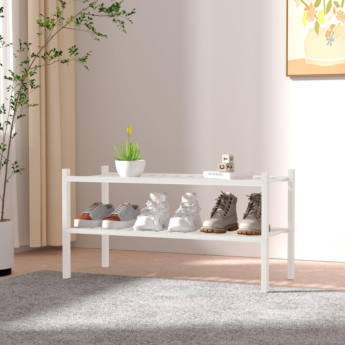 ROMGUAR CRAFT stackable bamboo shoe rack, modular design for customizable closet storage.
