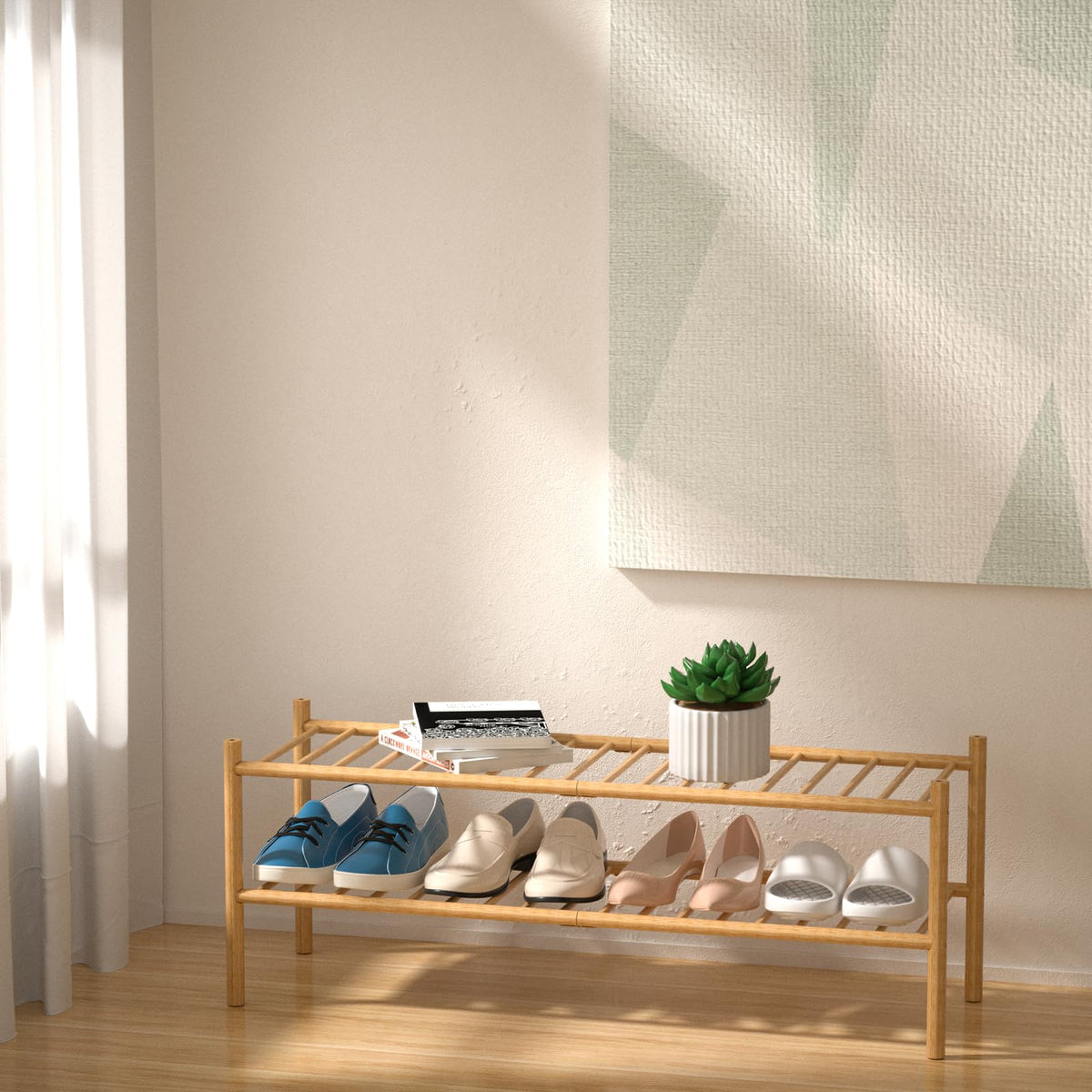 ROMGUAR CRAFT stackable bamboo rack demonstrates modular flexibility for evolving closet needs.