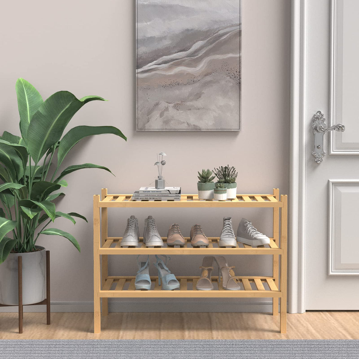 ROMGUAR CRAFT stackable shoe rack setup illustrating modular height