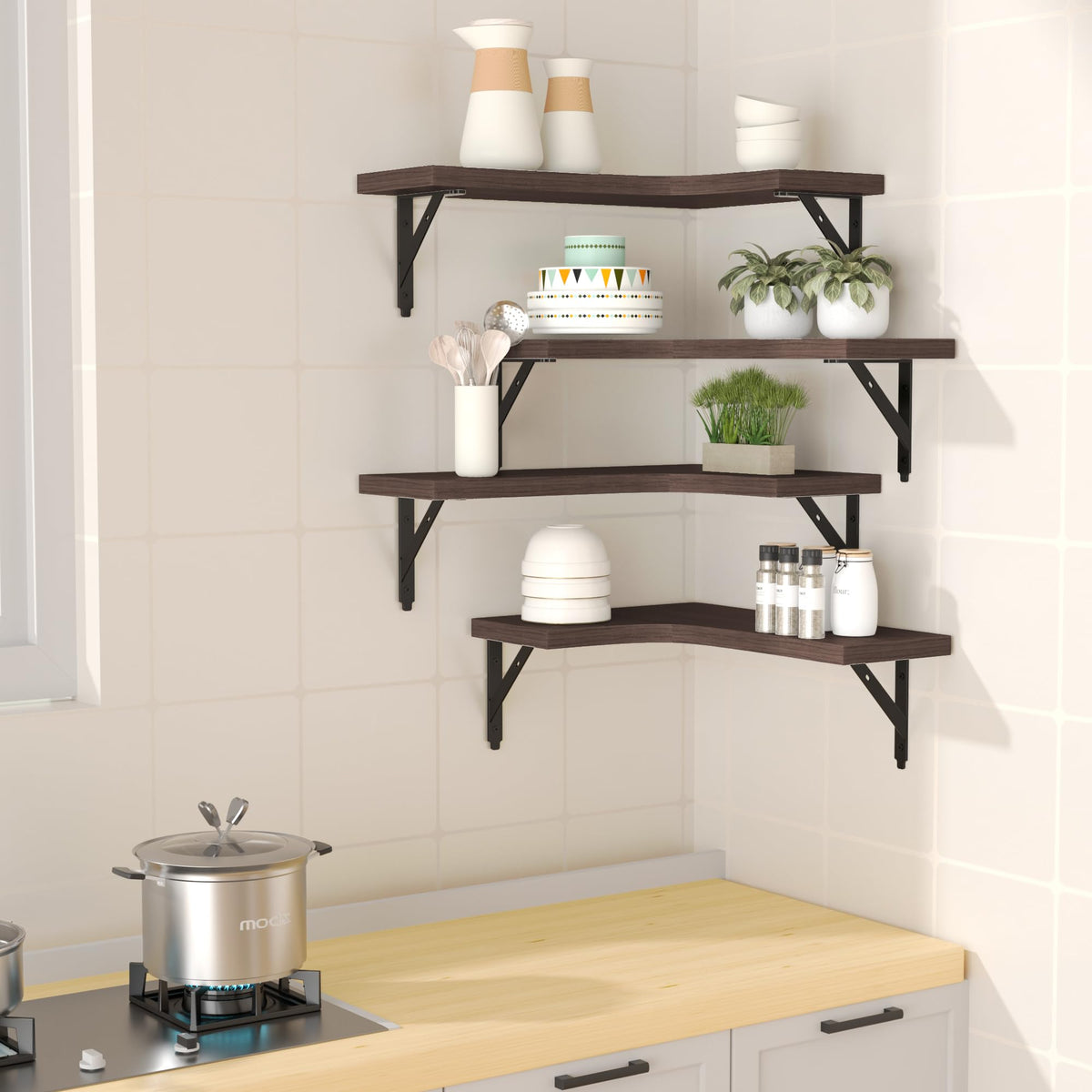 ROMGUAR CRAFT wall-mounted corner shelves showcase rustic wood appeal and clutter-free surfaces.