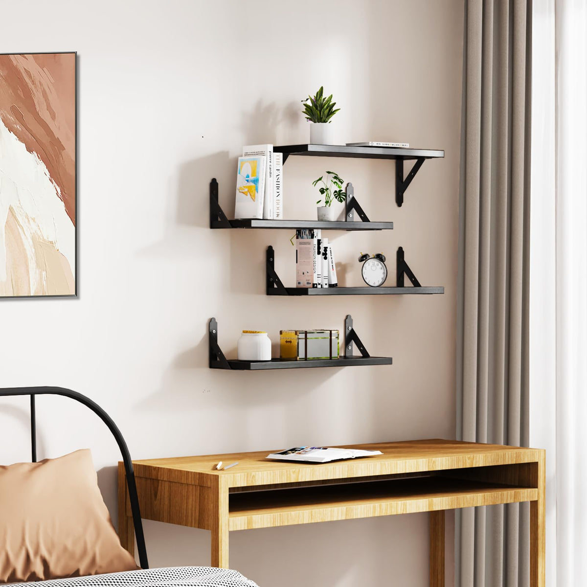 ROMGUAR CRAFT shelves displaying collectibles and keepsakes on wall.