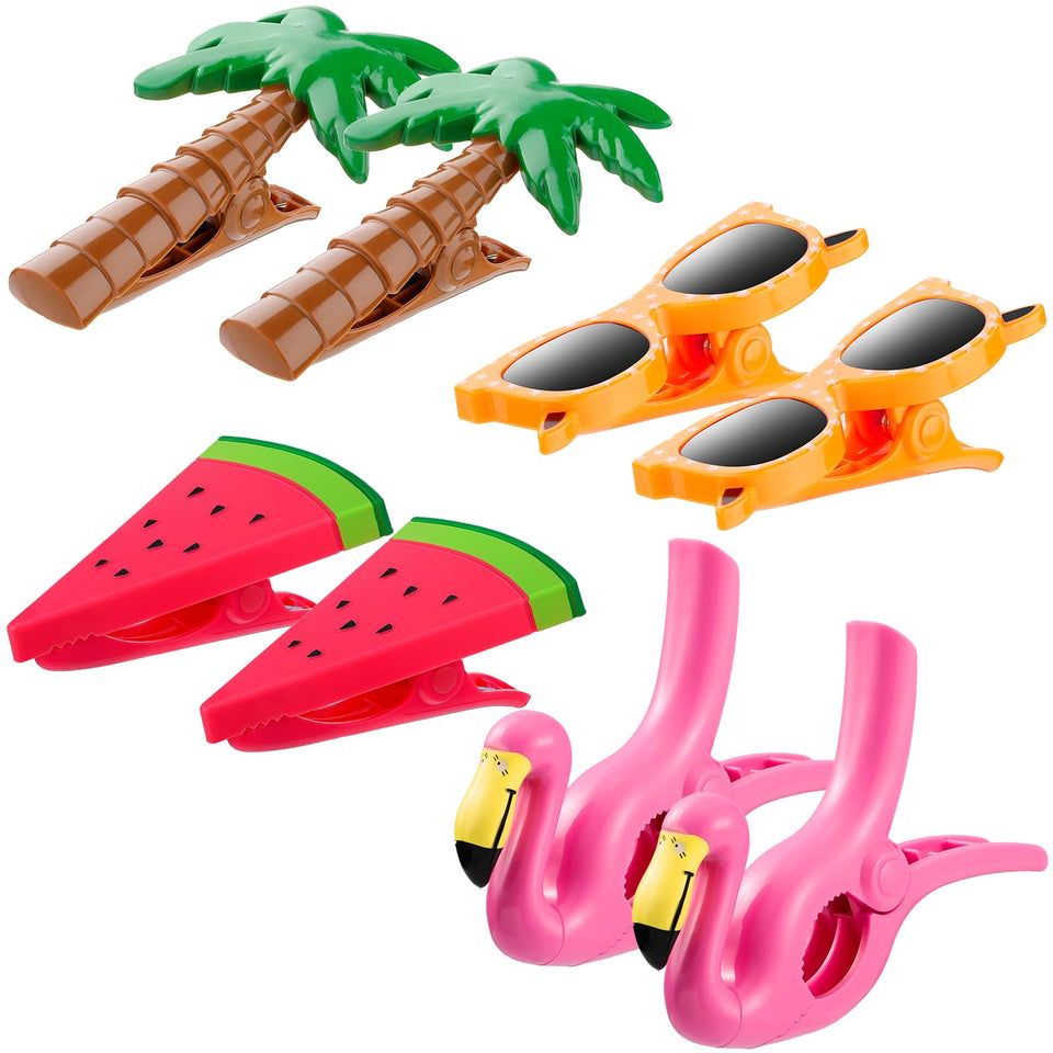 Romooa flamingo towel clip securing towels on a sunny beach chair