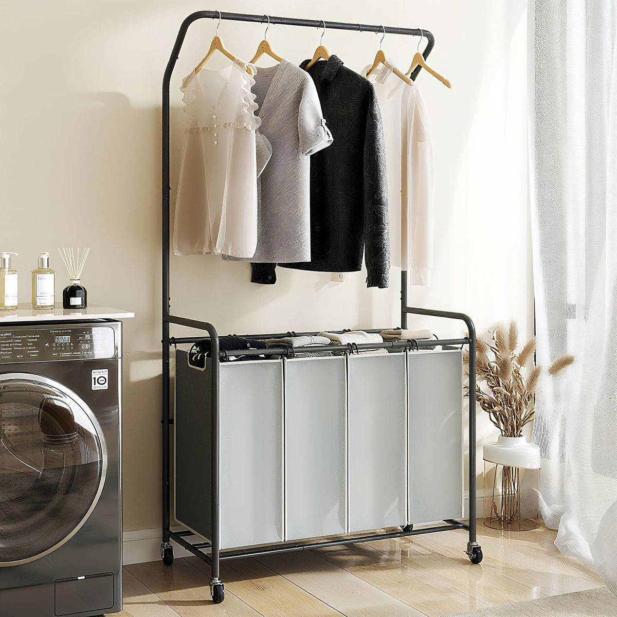 ROMOON four-section laundry sorter cart keeps clothes neatly organized for easy sorting