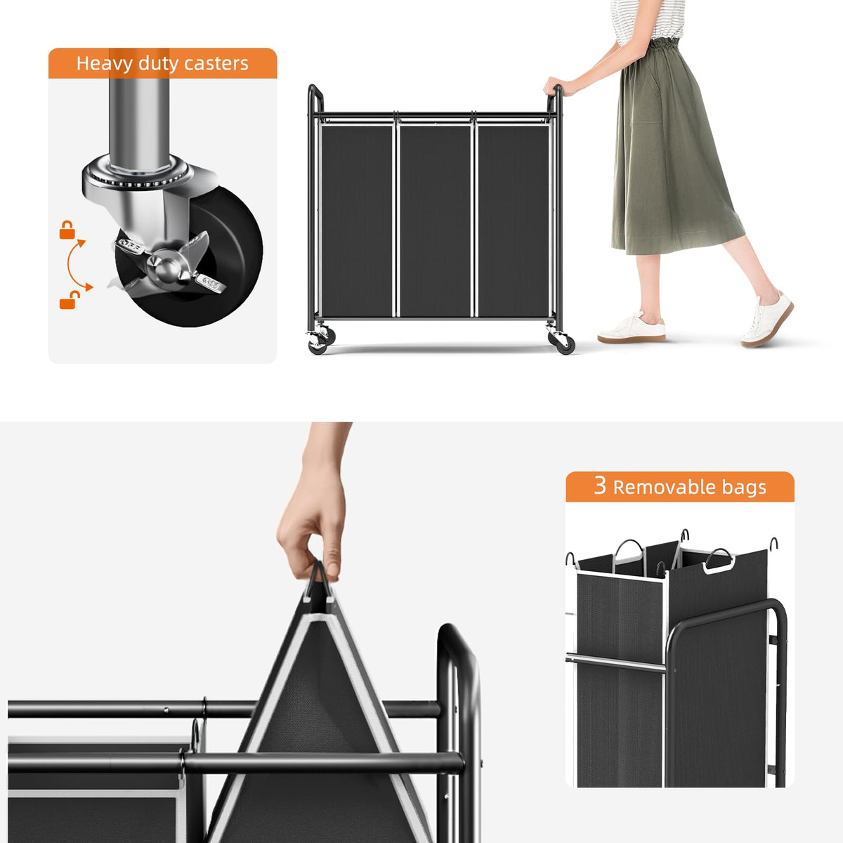 ROMOON laundry sorter heavy-duty metal frame supports up to 75 lbs.