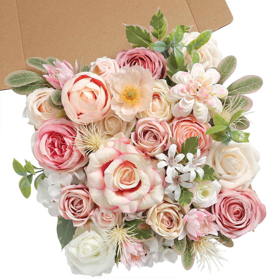 Rongflower pink artificial flowers combo set front view for wedding bouquets and decor