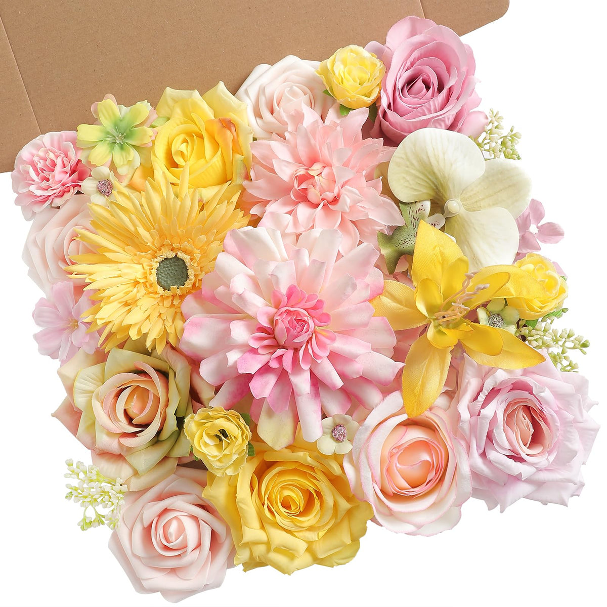 Rongflower yellow pink artificial flowers combo set for wedding décor and DIY bouquets.