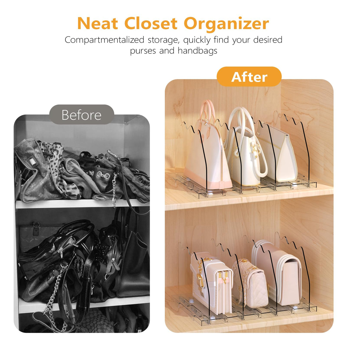 Ronlap clear closet dividers make handbag spotting easy and efficient.