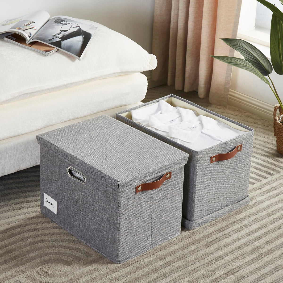 Roobyl fabric storage box with lid demonstrated on a shelf.