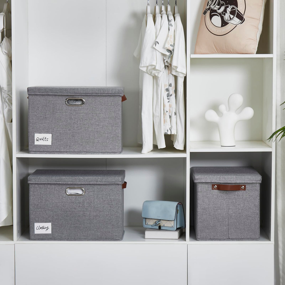 Gray Roobyl fabric storage bin blends with decor while organizing toys and clothes.
