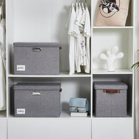 Gray Roobyl fabric storage bin blends with decor while organizing toys and clothes.