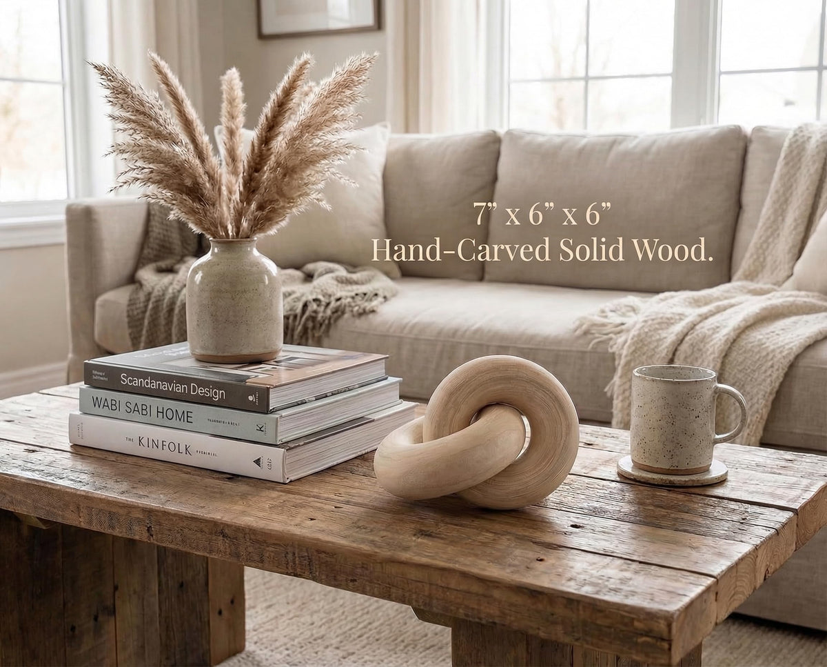 Rool beige wood knot decor used as a coffee table centerpiece