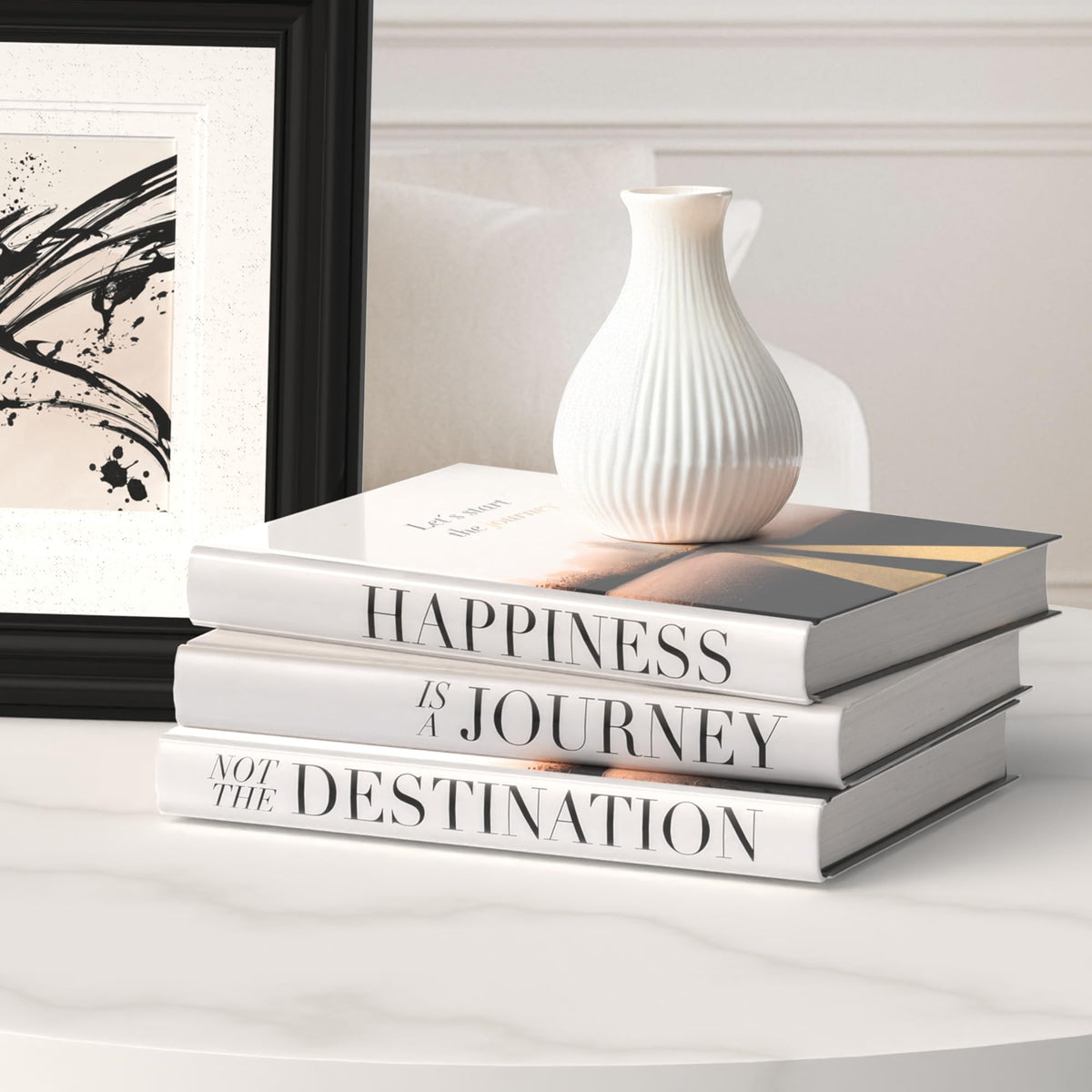 ROOMICLE decorative books for coffee table set enhances the living room with timeless white book decor
