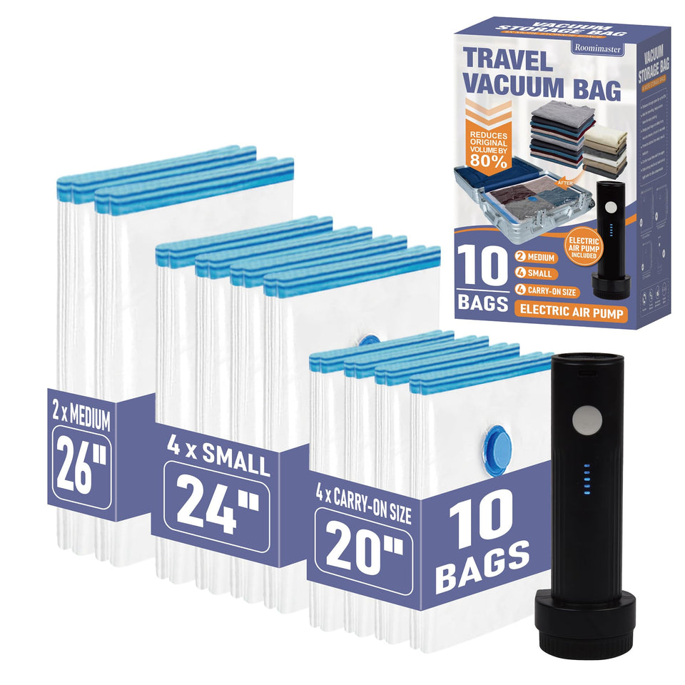 Roomimaster travel vacuum bag with pump in use saves luggage space.