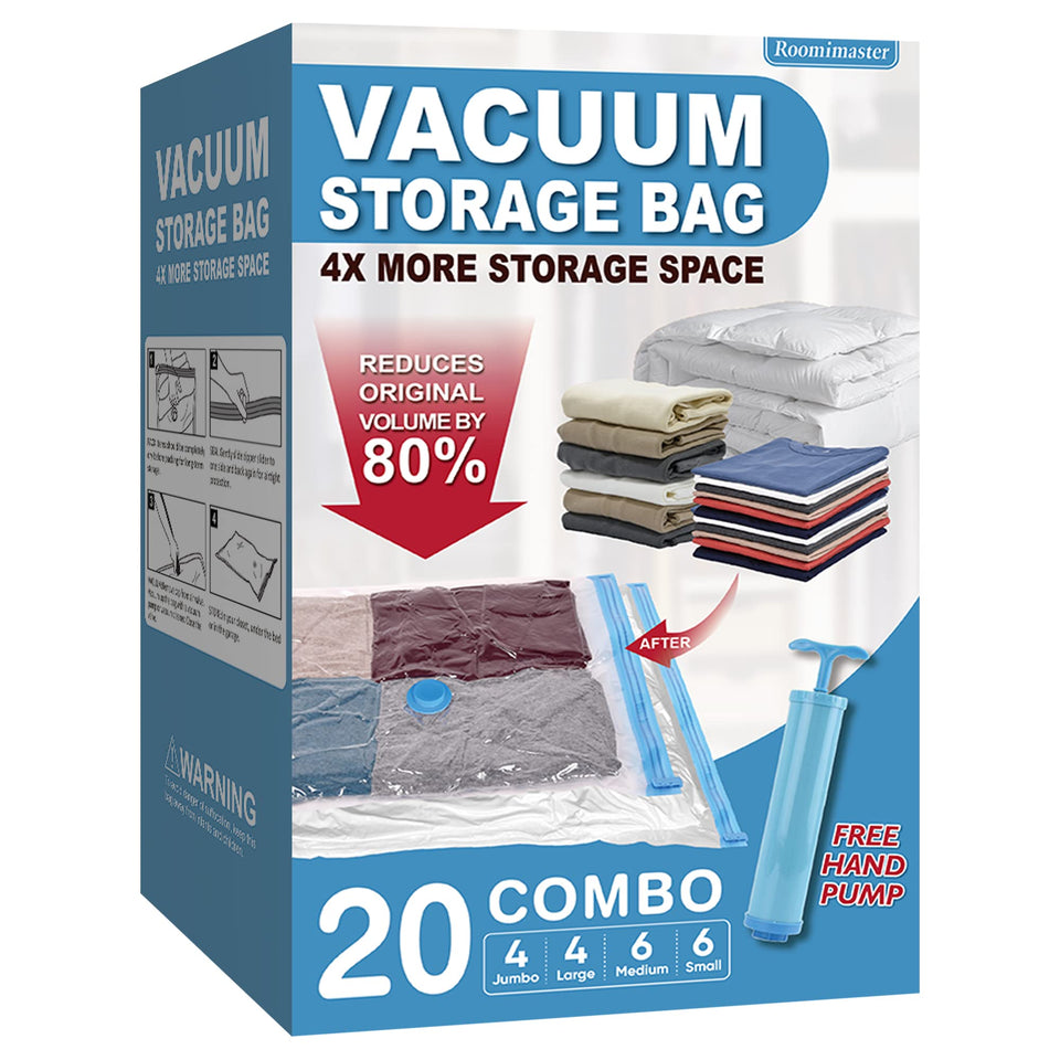 Roomimaster vacuum storage bags 20-bag combo set helps compress clothes and save space.