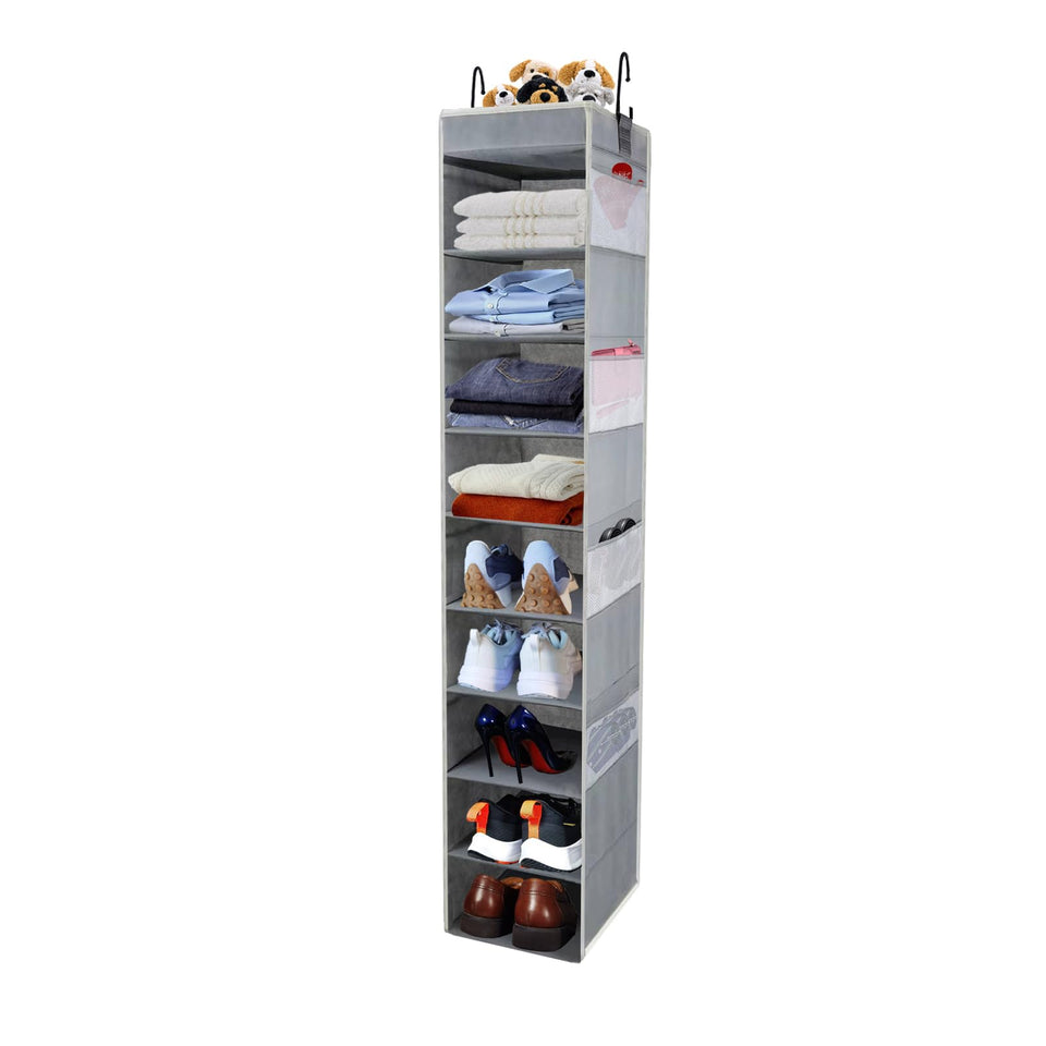 Roomtalk 10-shelf hanging shoe organizer demonstrating spacious cubbies for shoes