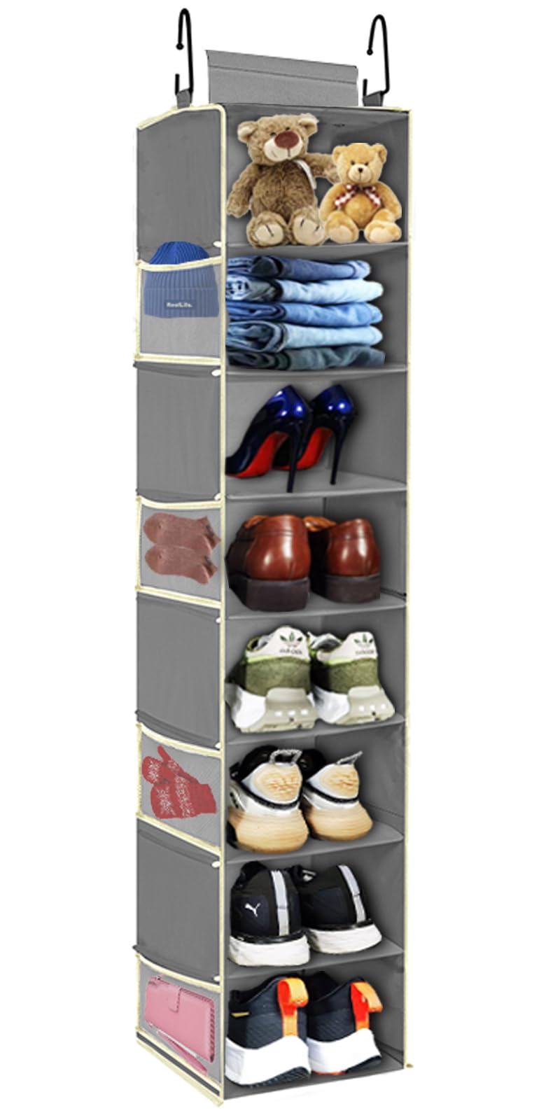 RoomTalk hanging shoe organizer with eight shelves keeps shoes neatly stored.