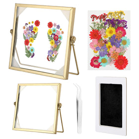 Roowest double-sided glass frame showing handprint and flowers for a lasting keepsake